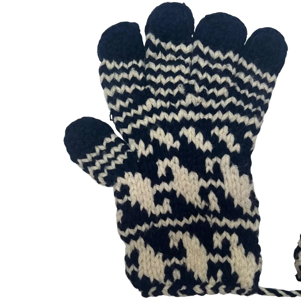 Hand Knit Nordic Style Houndstooth Gloves Navy Cream‎ Winter Warm Cozy